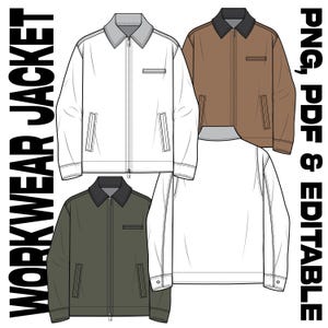 Op de afbeelding: Een digitale illustratie van vier werkjassen in verschillende kleuren: wit, bruin, olijfgroen en een tweede witte jas. Elke jas heeft een kraag, een rits en zakken. De tekst "WORKWEAR JACKET" en "PNG, PDF & EDITABLE" is ook aanwezig.