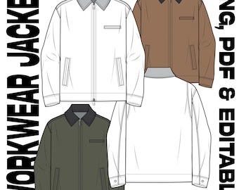 Dibujo técnico vectorial de chaqueta de trabajo. Listo para el paquete técnico. Plantilla de diseño de moda AI PNG PDF.