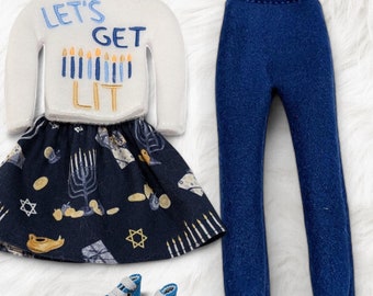 Let&#39;s Get Lit Hanukkah Elf Sweater Outfit - Doll Accessory - Sweater, Skirt, Pants & Sneakers - Mix and Match - Channuka Decor - Elf Prop