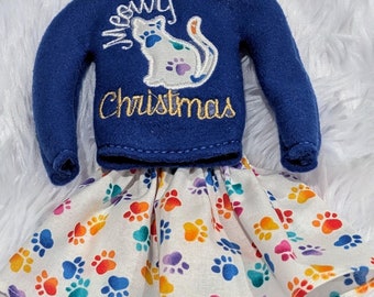 Meowy Christmas Elf Shirt - Doll Accessory - Holiday Kitty Elf Shirt - Elf Accessory - Christmas Decor - Holiday Elf Prop - Elf Costume