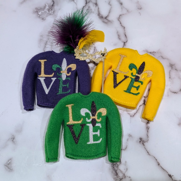 Mardi Gras Magic: LOVE Elf/Doll Sweater with Fleur de Lis - Sparkling Costume in Purple, Green, or Yellow! Dazzling Elf Mask!