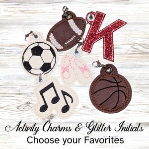 Backpack Charms | Sports Activity Charms and Glitter Letter Charms for Keychains & Bag Tags