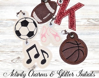 Backpack Charms | Sports Activity Charms and Glitter Letter Charms for Keychains & Bag Tags