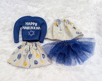 Happy Hanukkah Elf and Doll Outfit Collection | Light up the Festival of Lights with our adorable Hanukkah-themed outfits!
