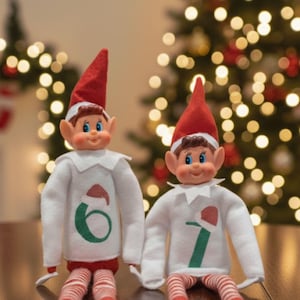 May include: Two elf dolls wearing red hats and white tops, each with a number. One has a green number 6, the other a green number 7. They have red and white striped legs, positioned in front of a Christmas tree with fairy lights.