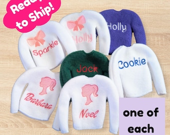 Personalized Pre-made Embroidered Sweaters for Elves, Assorted Finished Name Outfits and Accessories