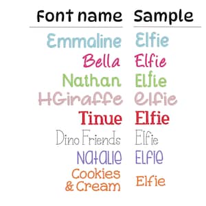 May include: A chart with the font names Emmaline, Bella, Nathan, HGiraffe, Tinue, Dino Friends, NAHALIE, Cookies & Cream, and the sample text Elfie repeated for each font.