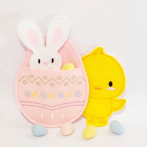 Cute Easter Finger Puppet Set -  Easter Bunny & Chick Felt Finger Puppets w/Egg Holder are great for Easter Baskets