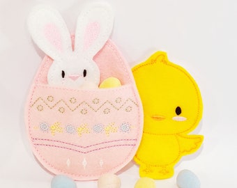 Cute Easter Finger Puppet Set -  Easter Bunny & Chick Felt Finger Puppets w/Egg Holder are great for Easter Baskets