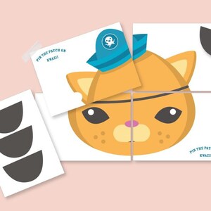 Könnte beinhalten: Ein druckbares Spiel für eine Piratenparty. Das Spiel heißt "Pin the Patch on Kwazi". Das Spiel enthält ein Bild einer Katze mit einem Augenklappen, einem Piratenhut und dem Titel "Pin the Patch on Kwazi". Es gibt drei schwarze Augenklappen, die auf die Katze gesteckt werden können.