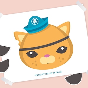 May include: A printable game for kids called "Pin the Eye Patch on Kwazi". The game features a cartoon orange cat with a blue pirate hat and a black eye patch. There are three black eye patches to pin on the cat.