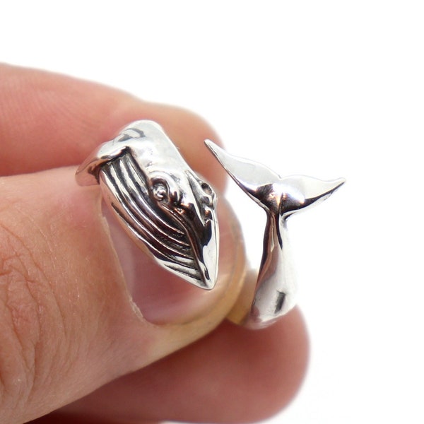 Silver Whale Ring, Sterling Silver Adjustable Ring Whale Jewelry, Nautical Ring Humpback Whale