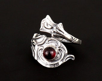 Garnet Ring, 925 Sterling Silver Ring, Exclusive Vintage Spoon Jewelry With Natural Garnet Stone, Gothic Style Gemstone Ring