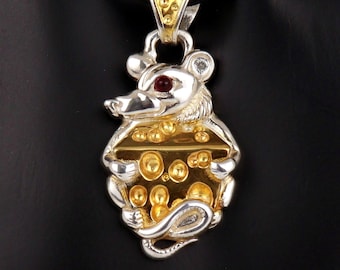 Rat Pendant With Garnet Stone, Made of Sterling Silver, With Gold Plated Cheese, Total Weight 13gr, Height 40mm, Width 21mm