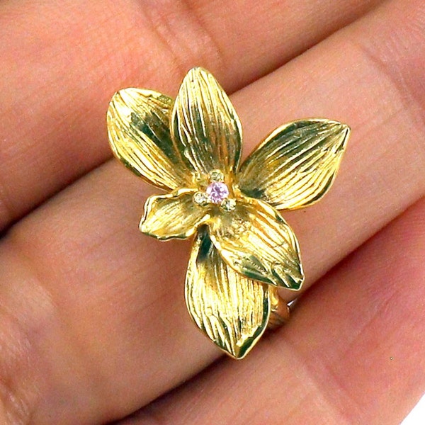 Gold Plated Flower Ring Orchid, Handmade Unique Gift For Women, Rings For Women in Sterling Silver