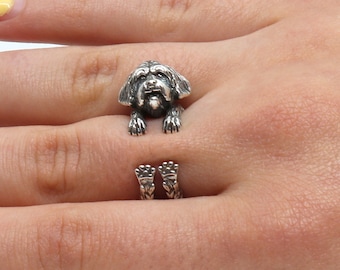 Lhasa Apso, Handmade Sterling Silver Dog Wrap Ring, Adjustable Ring of All Sizes, Weight 9 gr, Oxidized Finished Unique Jewelry