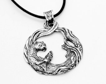 Otter Hunting Fish Pendant in Sterling Silver With Darkening, Round Otter Pendant, Silver Handmade Author Otter Jewelry, Wildlife Jewelry