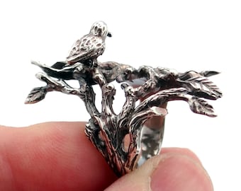 Bird on the branch ring, silver branch jewelry, silver nature ring for women