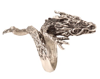 Dragon Ring Sterling Silver Adjustable Ring, Silver Wrap Ring