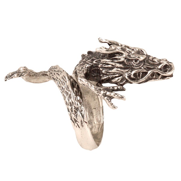 Dragon Ring Sterling Silver Adjustable Ring, Silver Wrap Ring