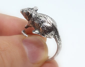 Sterling Silver Rat Rings, Oxidized Adjustable Mouse Ring, Wildlife Animal Wrap Jewelry, Cute Forest Courageous Gift, Nature Dainty Sign