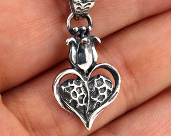 Silver Tulip Pendant, Oxidized Flower Heart Pendant Heart, Best Gift For Her, Necklace Pendant