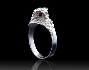 Owl Ring with Red Zircons Eyes, Detailed Owl Jewelry, Sterling Silver Ring, Handmade Animal Jewelry, Ring Owl, Silver Owl Ring, Animal Ring