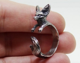 Sterling Silber Fuchs Ring, Handgemachter Verstellbarer Ring aus Sterling Silber, Oxidierter Silber Tier Ring, Niedlicher Schmuck Für Tierliebhaber