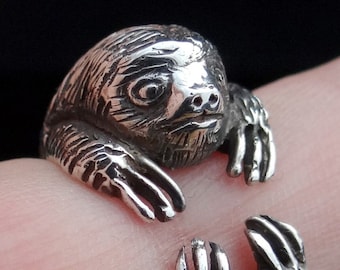 Sloth Ring, Sterling Silver Ring, Silver Sloth Jewelry, Animal Ring