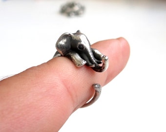 Elephant Ring, Miniature Gift, Miniature Ring, Silver Ring, African Elephant Animal Wrap Ring in Sterling Silver, Sizes 4 to 8.5