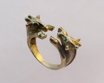 Süße Miniatur Doppel Giraffe Ring in Gold Messing kleine Schwester Giraffen um Tier Ringe Tier Schmuck Größen 4, 5, 6, 7, 8, 9