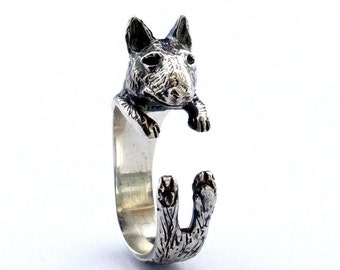 Sterling Silver Bull Terrier Ring, Dog Wrap Ring, Animal Wrap Ring, Sterling Silver Ring, Silver Rings, Animal Jewelry, Silver Jewellery