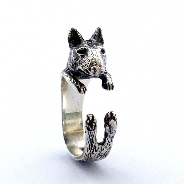 Sterling Silver Bull Terrier Ring, Dog Wrap Ring, Animal Wrap Ring, Sterling Silver Ring, Silver Rings, Animal Jewelry, Silver Jewellery