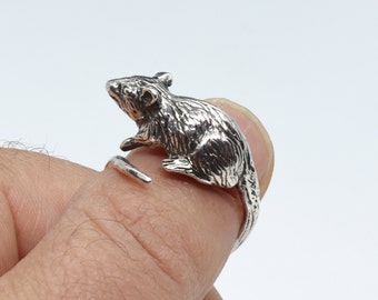 Rat Ring, Rat Mouse Wrap Ring, 925 Sterling Silver Ring, Animal Ring, Handmade Animal Jewelry, Adjustable Ring, Punk Style, Different Sizes