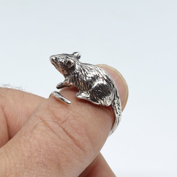 Rat Ring, Rat Mouse Wrap Ring, 925 Sterling Silver Ring, Animal Ring, Handmade Animal Jewelry, Adjustable Ring, Punk Style, Different Sizes