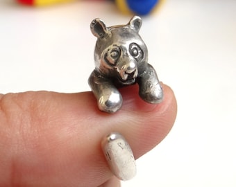 Sterling Silber Panda Bär Ring - Verstellbarer Wildtier Schmuck