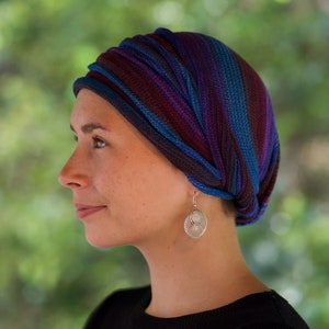 UK Bright Earths Turban Wrap Brown green blue - Alopecia, Chemo Hair Scarf, Full Head Coverage, Soft Cotton,,hair loss  headwear UK dispatch
