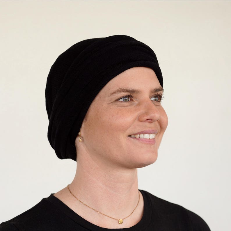Turbante AUS Bright Earth: cubrecabezas para alopecia y quimioterapia, pañuelo completo, accesorio para la cabeza para la caída del cabello, cobertura total. Hecho a mano en Australia. Black