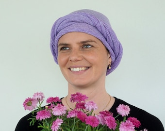 USA Lilac Cream Turban Head Wrap - Alopecia & Chemo Head Cover, Cotton Soft Full Head Scarf, Hair Loss Headwear, USA Orders Ship from Nevada