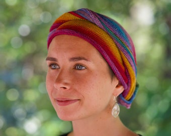 UK  Rainbows + other colours Turban/head wrap - for hair loss - Alopecia, Chemo Headwear Full Head Coverage, Soft Cotton, UK dispatch