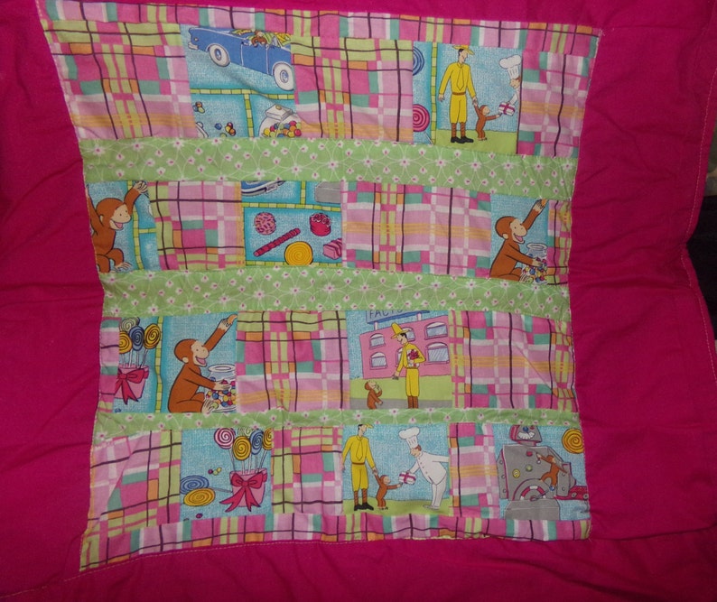Curious George Upcycle Handmade Pastel Quilt Blanket Throw CottonFleece