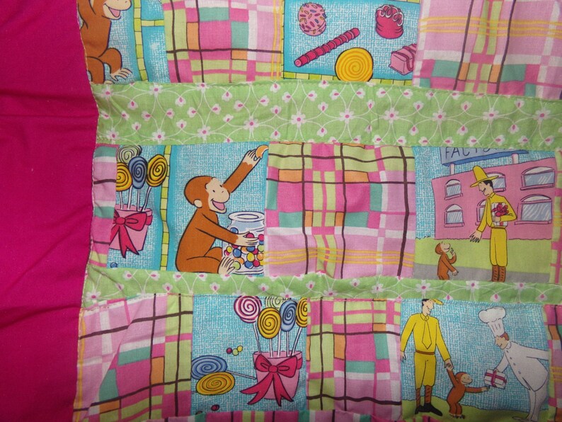 Curious George Upcycle Handmade Pastel Quilt Blanket Throw CottonFleece