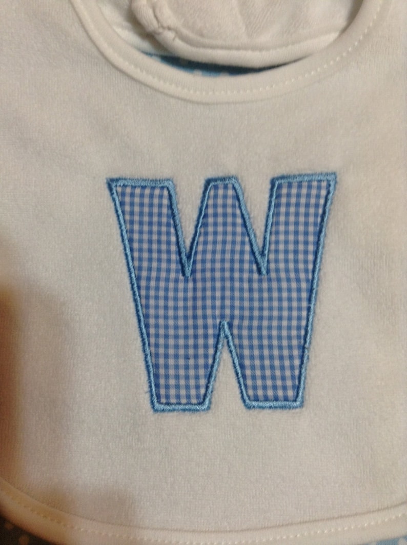 Baby Bib Letter W in Blue and White Gingham CheckAny letter Your Choice