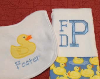 Monogrammed Bib, Personalized Bib, Custom Bib, Yellow Duck Bib, Duck Bib, Bib and Burp, Duck Burp