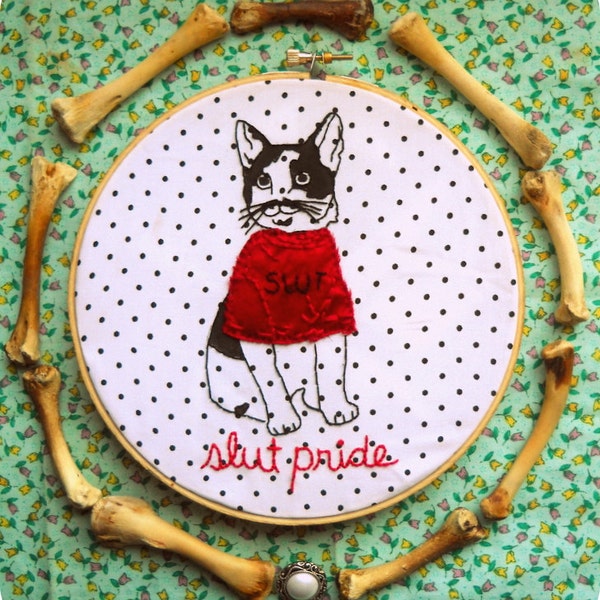 Cat Slut Pride. Hand Embroidered Feminist Patch. Now available in polka dots