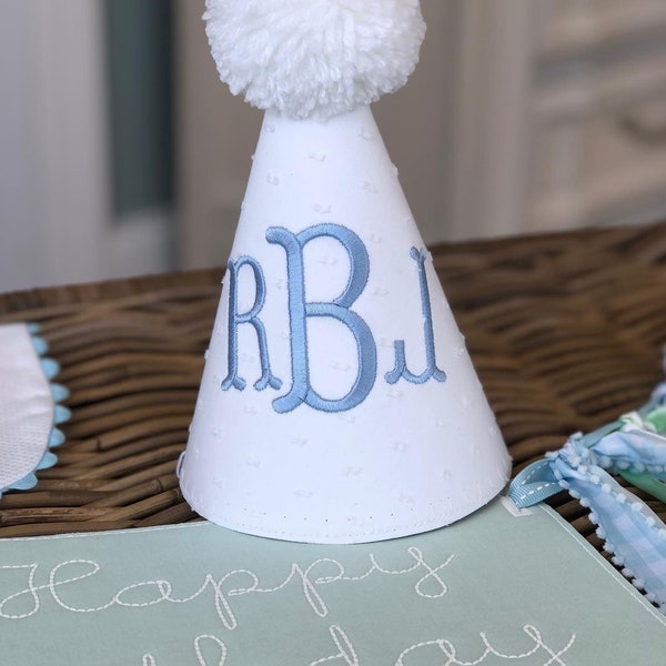 Boys Swiss dot party hat with light blue monogram.