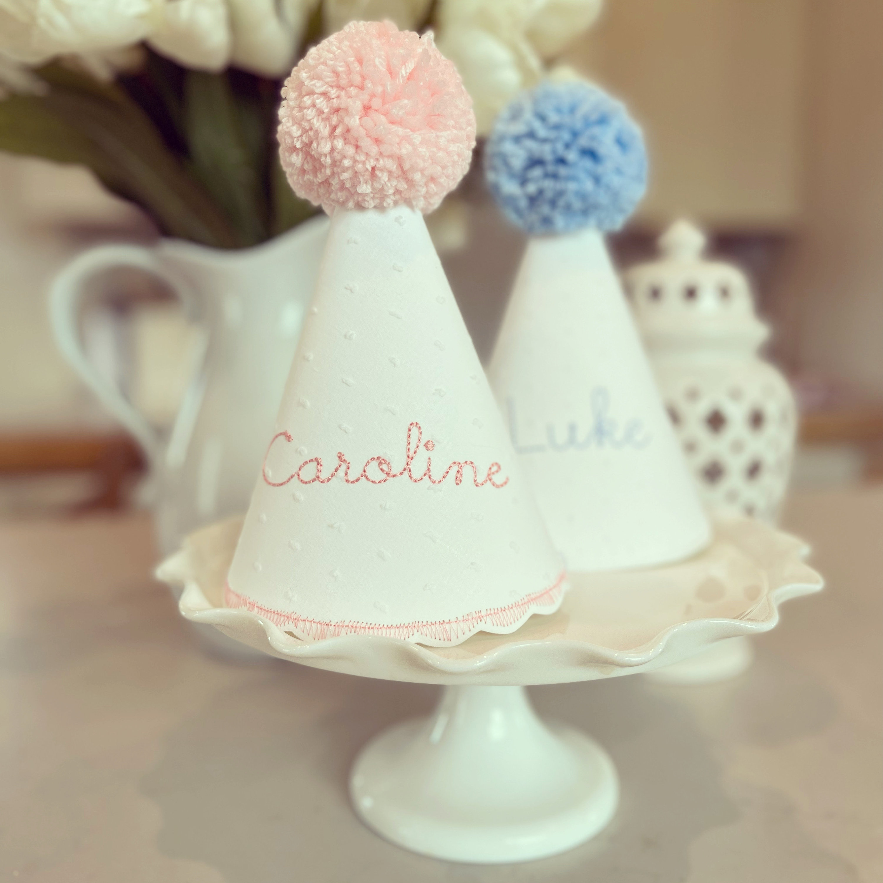 Classic Vintage Stitch Personalized Swiss dot Birthday Party Hat Pink or Blue