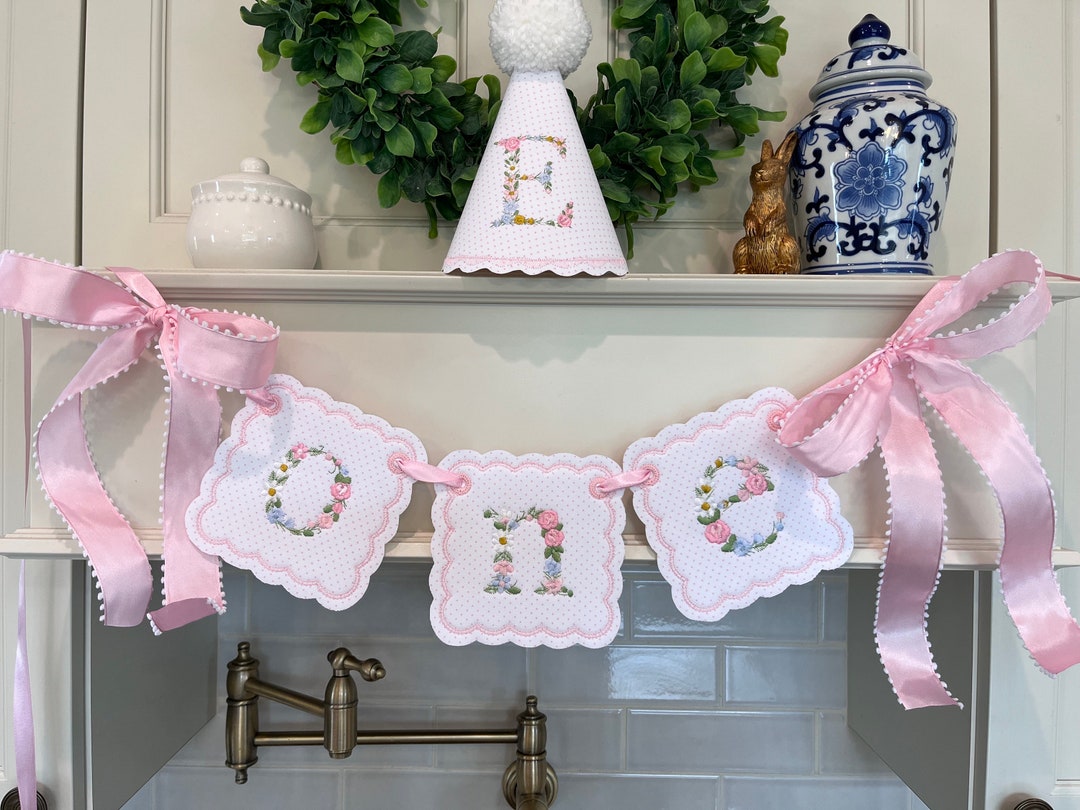 ONE Floral Pink Bitty Dot Embroidered Highchair Banner and First ...