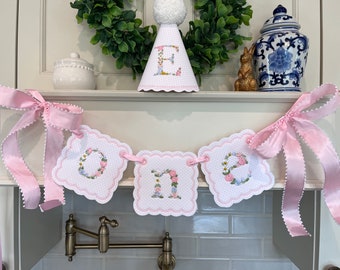 ONE Floral pink bitty dot embroidered highchair banner and First initial party hat. First birthday decor.