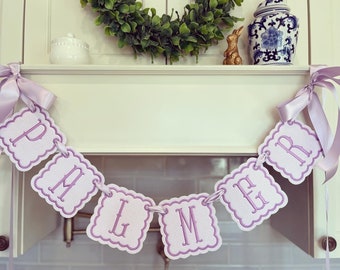 Lavender Lilac Baby gingham embroidered name banner.